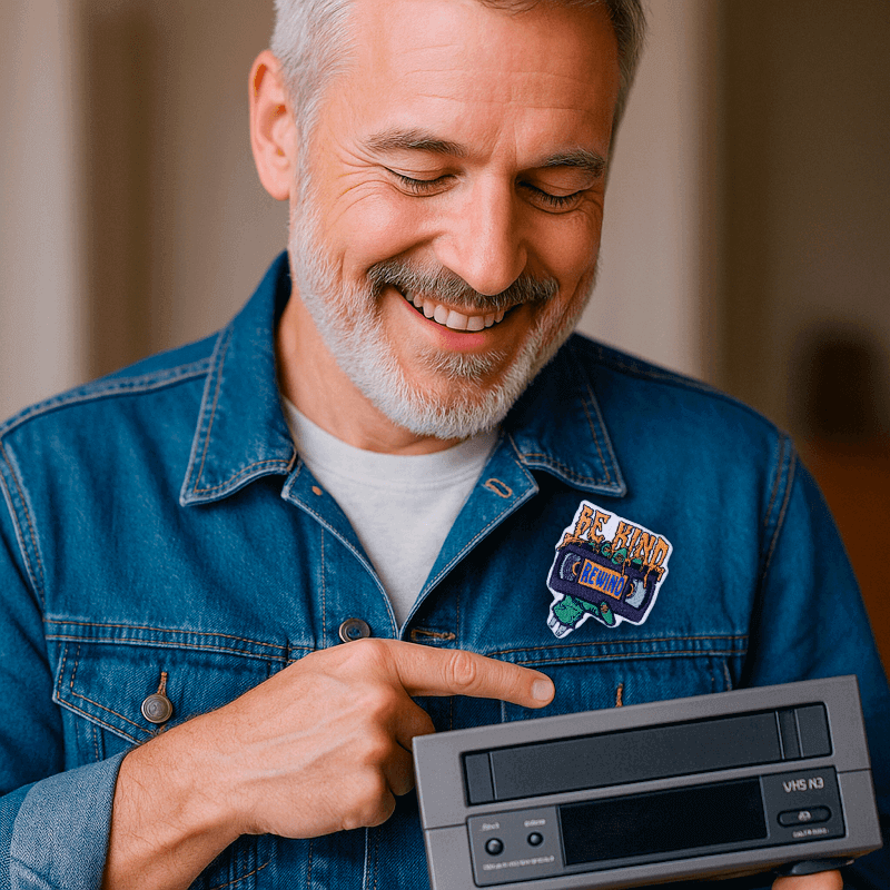 Broderet stofmærke - Be Kind Rewind strygemærke zombiehånd