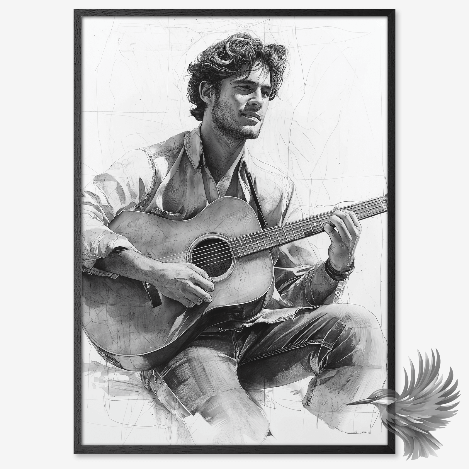 Sort-hvid streg- og kultegning af en ung mand med krøllet hår, der spiller guitar i en afslappet, jeans-inspireret stil.