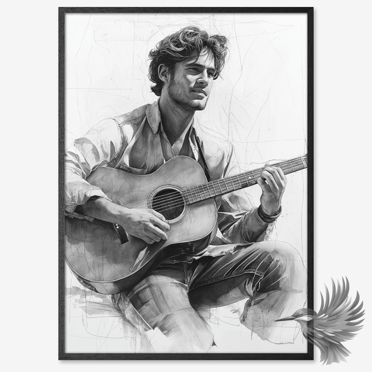 Sort-hvid streg- og kultegning af en ung mand med krøllet hår, der spiller guitar i en afslappet, jeans-inspireret stil.