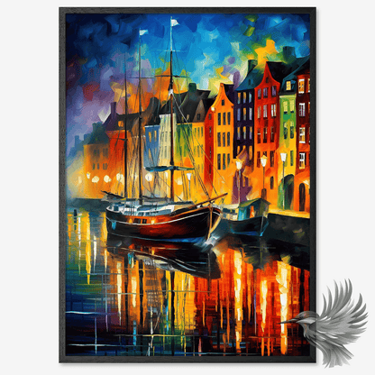 Farverig Nyhavn-plakat med skib, kanal og Københavns karakteristiske huse