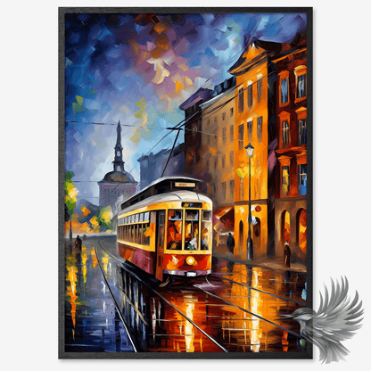 Farverig København-plakat med klassisk sporvogn i en regnvåd bygade