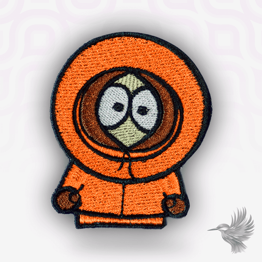 Kenny South Park patch strygemærke featuring Kenny in an orange hoodie, showcasing the unique design and embroidered details.