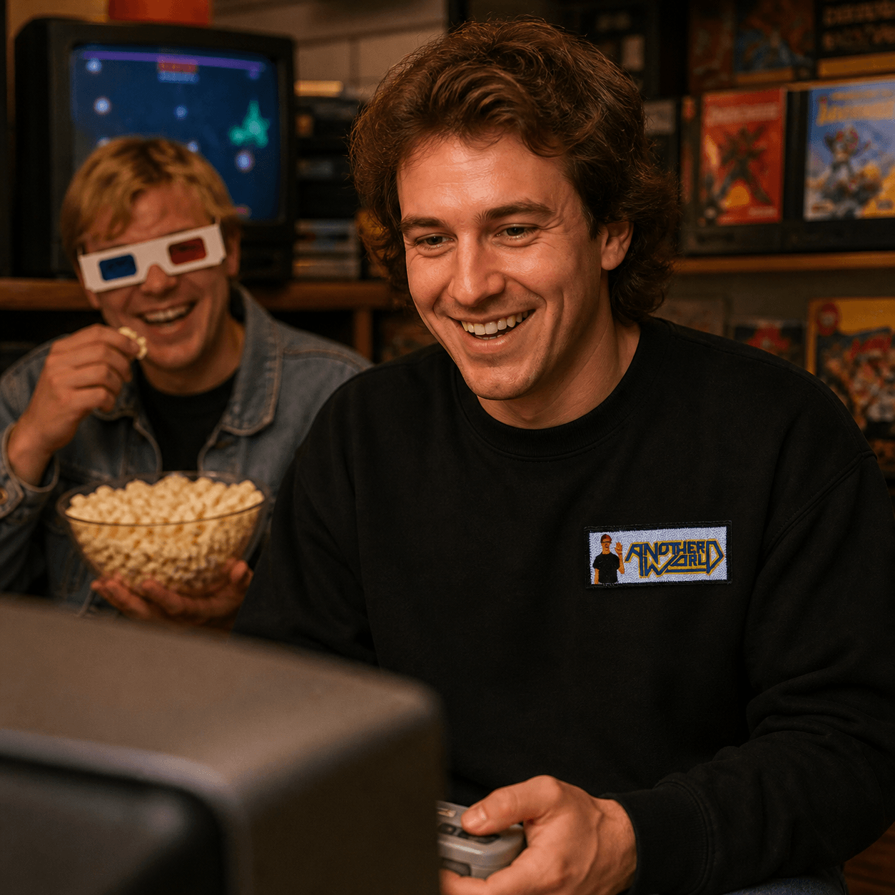 Another World patch på sort sweatshirt i glad retrospilscene
