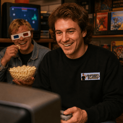 Another World patch på sort sweatshirt i glad retrospilscene