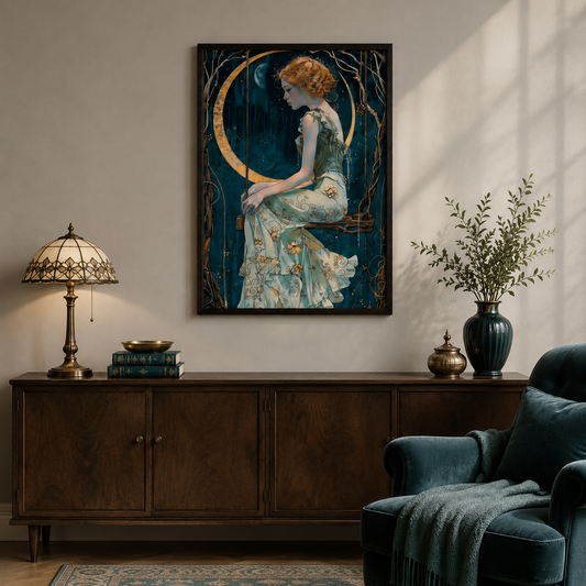 Art Nouveau-plakat i sort ramme over en mørk træskænk i en klassisk stue
