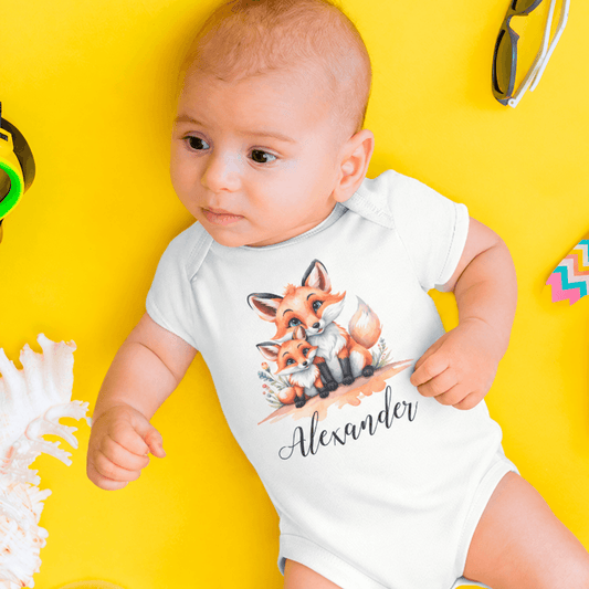 Personlig baby body med rævemotiv og navnet Alexander