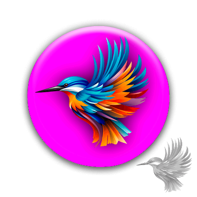 farverig fugl i flugt på en pink baggrund med farverige fjer