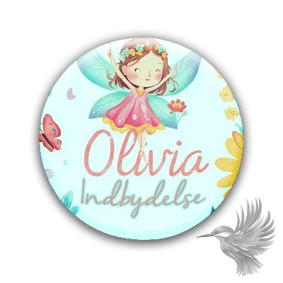 personlige badges med foto med en fe og teksten 'Olivia Indbydelse'