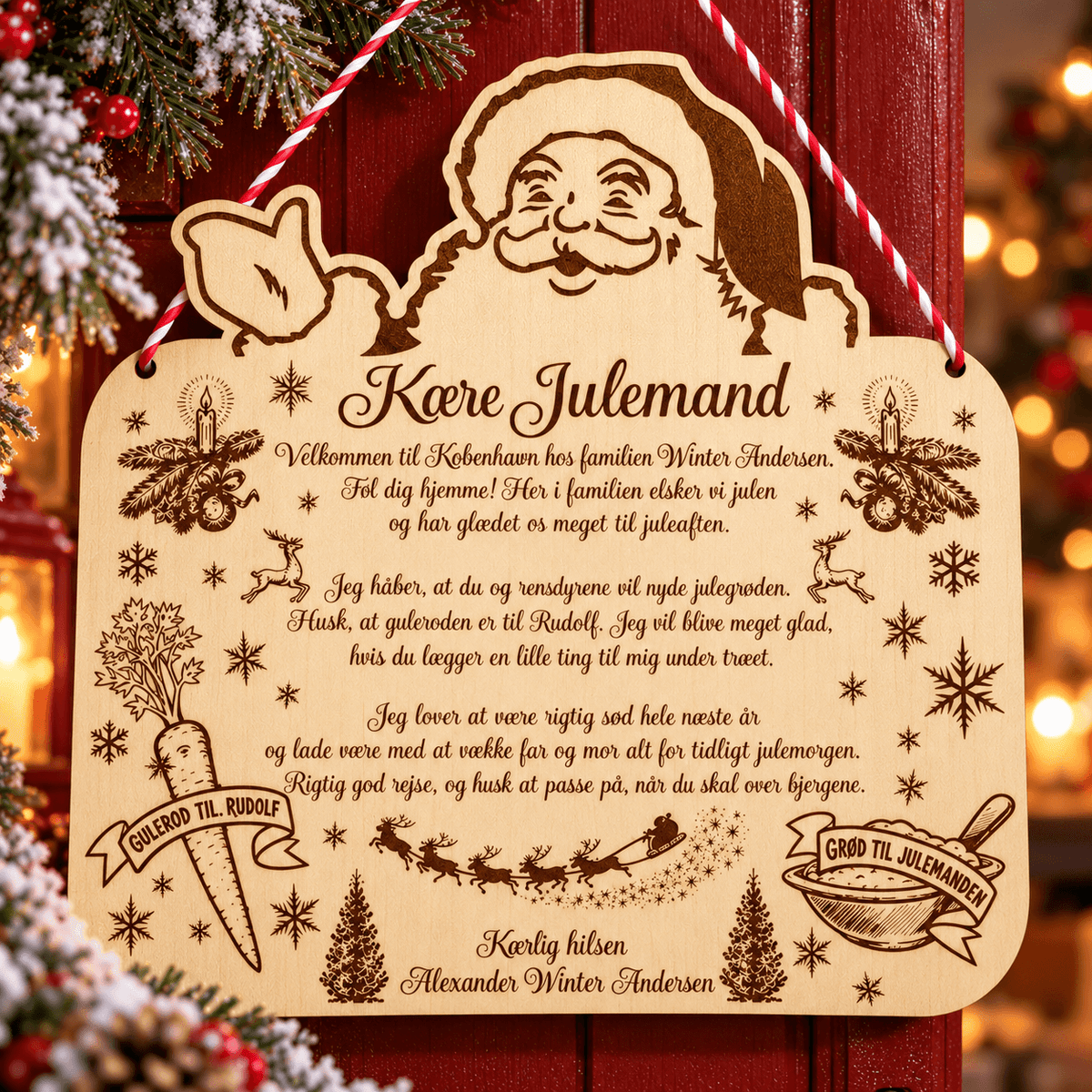 Kære julemand flot personligt skilt med hyggelig hilsen og julemotiver, perfekt til børneværelset.