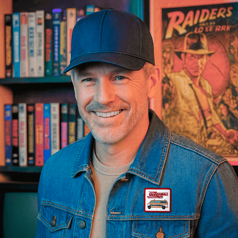 mand med Cannonball Run strygemærke på jakke