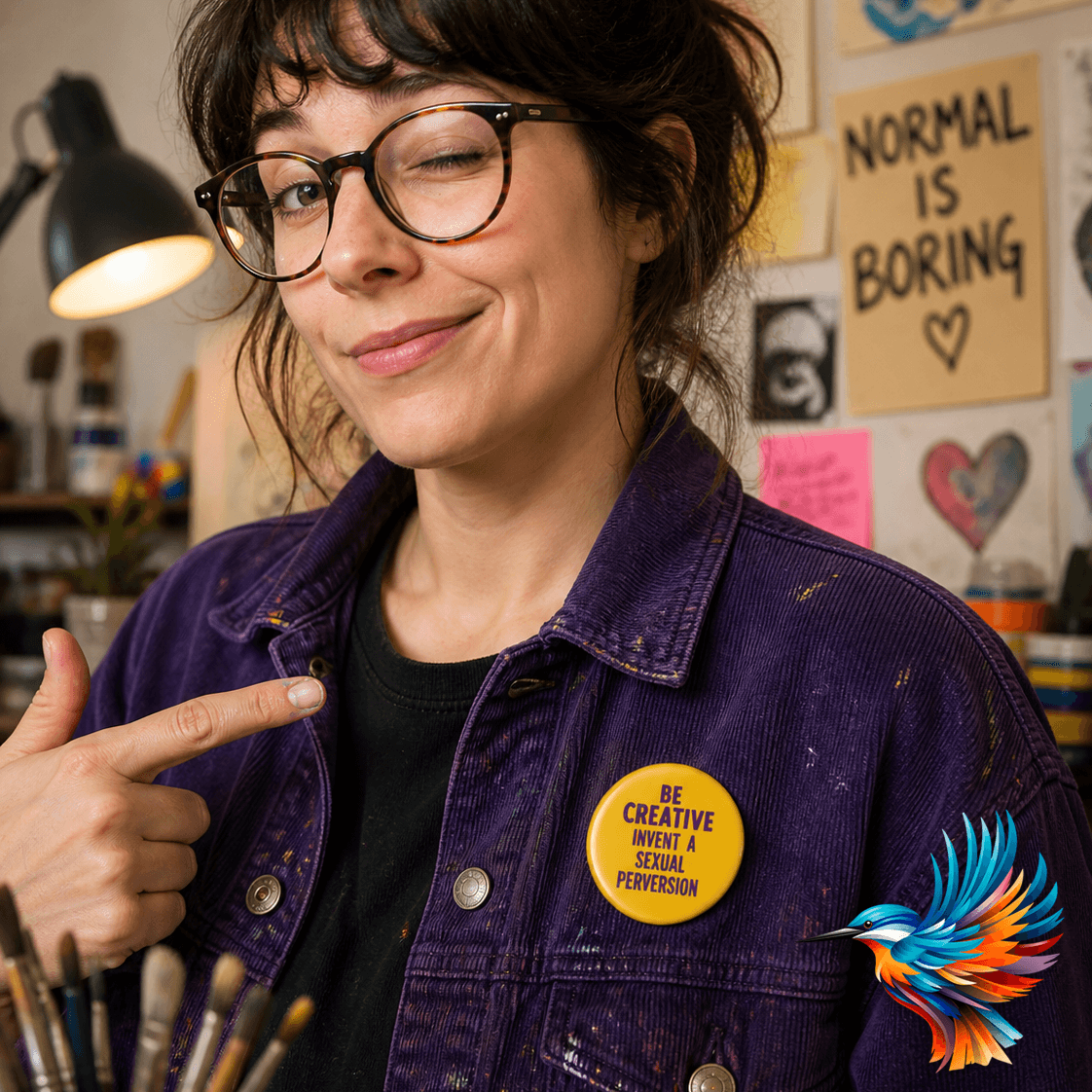 Be Creative Badge worn by a woman, showcasing humor and creativity with a playful design.