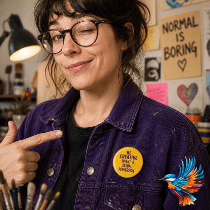 Be Creative Badge worn by a woman, showcasing humor and creativity with a playful design.