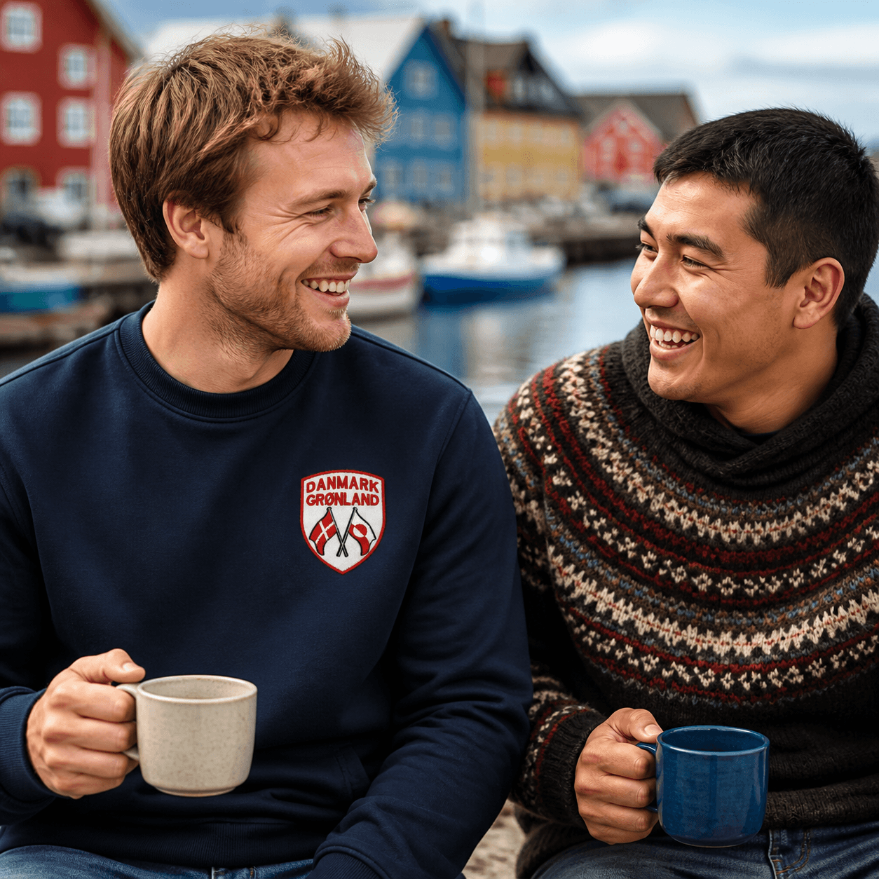 Danmark Grønland patch på navy sweatshirt ved havnen