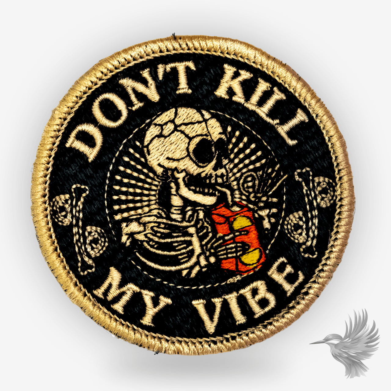 Don't Kill My Vibe patch strygemærke broderet skelet med humor, rund broderi med skelet og garnnøgler