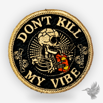 Don't Kill My Vibe patch strygemærke broderet skelet med humor, rund broderi med skelet og garnnøgler