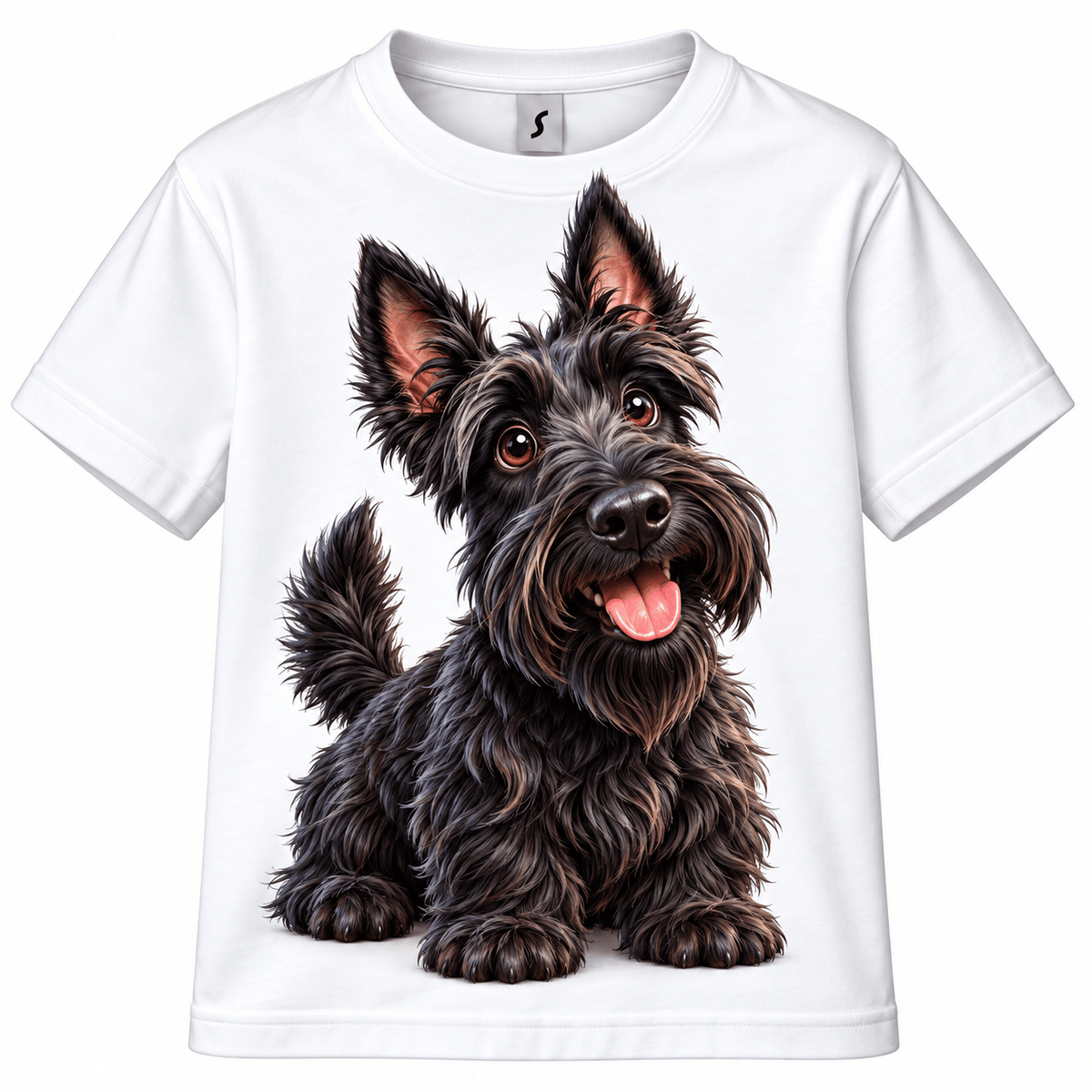 Personlig børne T shirt med eget foto og AI filter, med et motiv af en venlig sort hund.
