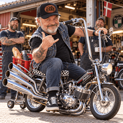 Kasket Cap med PU-læder lasergravering - lav din egen, mand på motorcykel med smil og thumbs up.