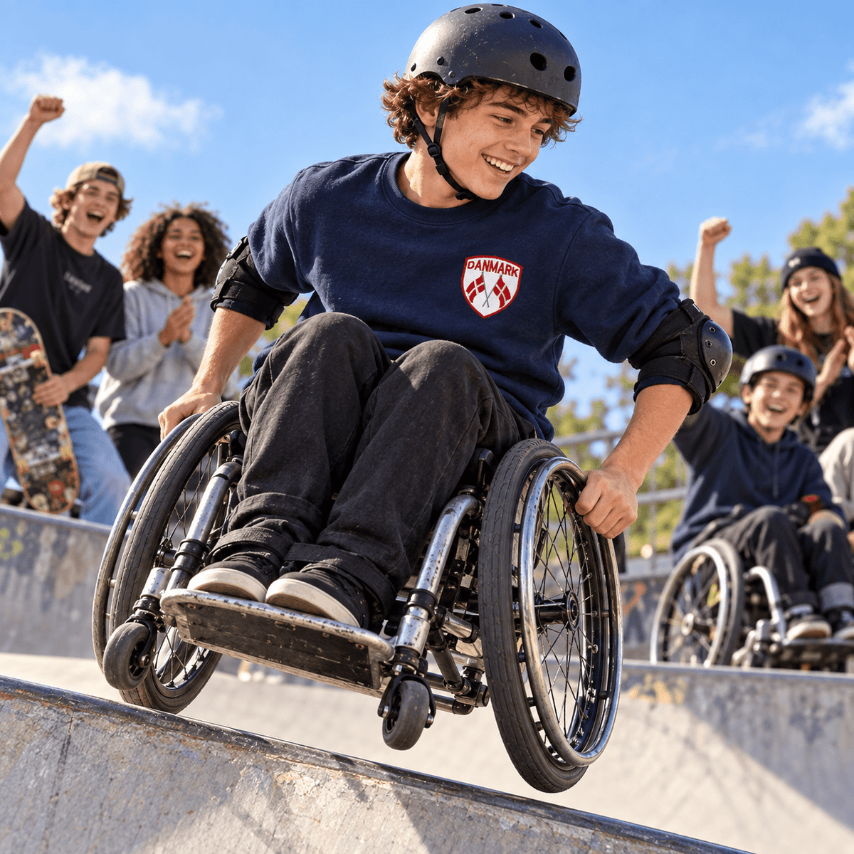 Broderet Danmark strygemærke med dobbelt dannebrogsflag i en skatepark, hvor en ung dreng i kørestol udfører tricks.