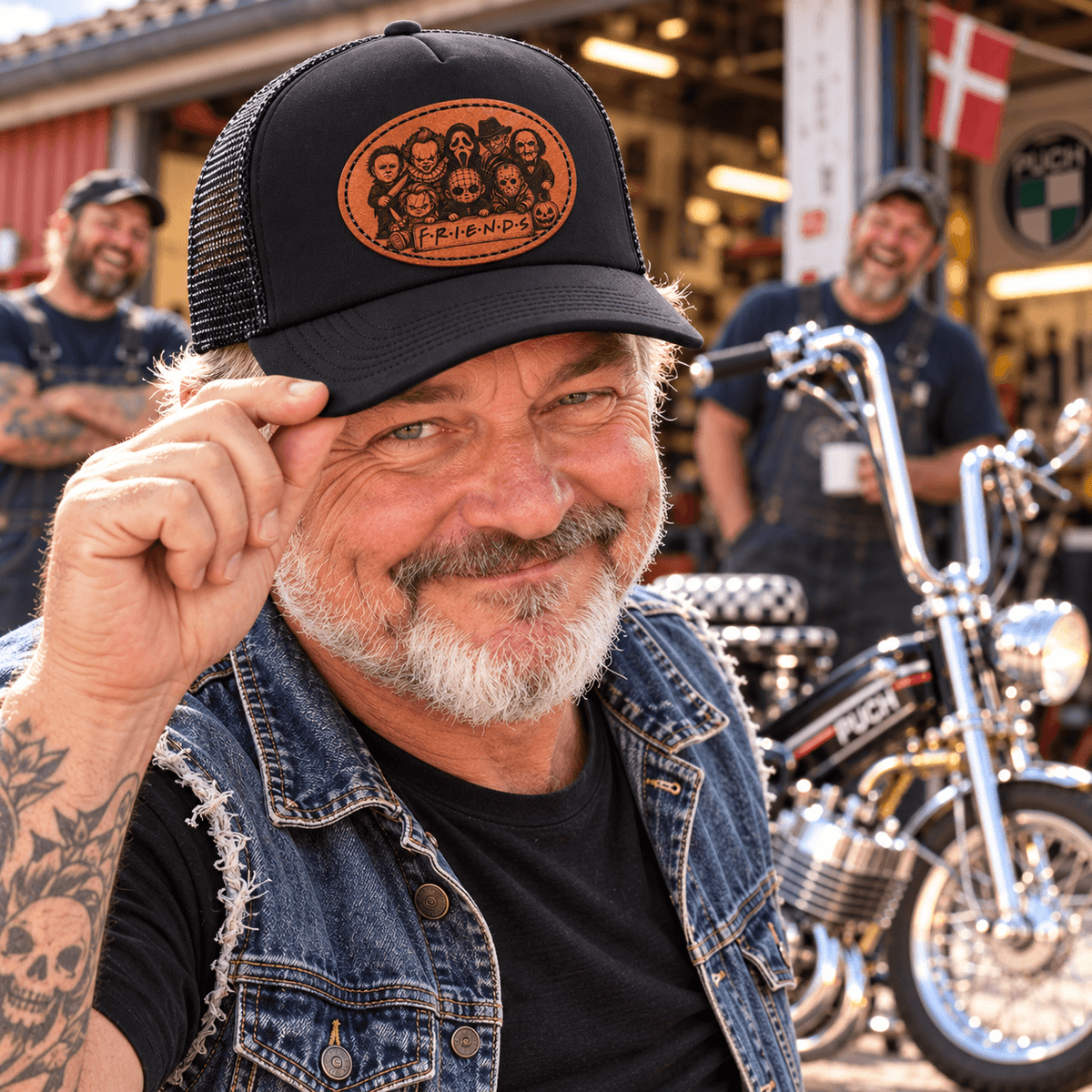Kasket Cap med PU-læder lasergravering - lav din egen, mand med smil og motorcykel i baggrunden, outdoor setting.