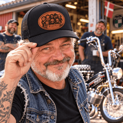 Kasket Cap med PU-læder lasergravering - lav din egen, mand med smil og motorcykel i baggrunden, outdoor setting.