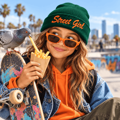 Teen Beanie Hue med personlig Broderi - Valgfri Tekst og Farve på pige med skateboard, spiser pomfritter.