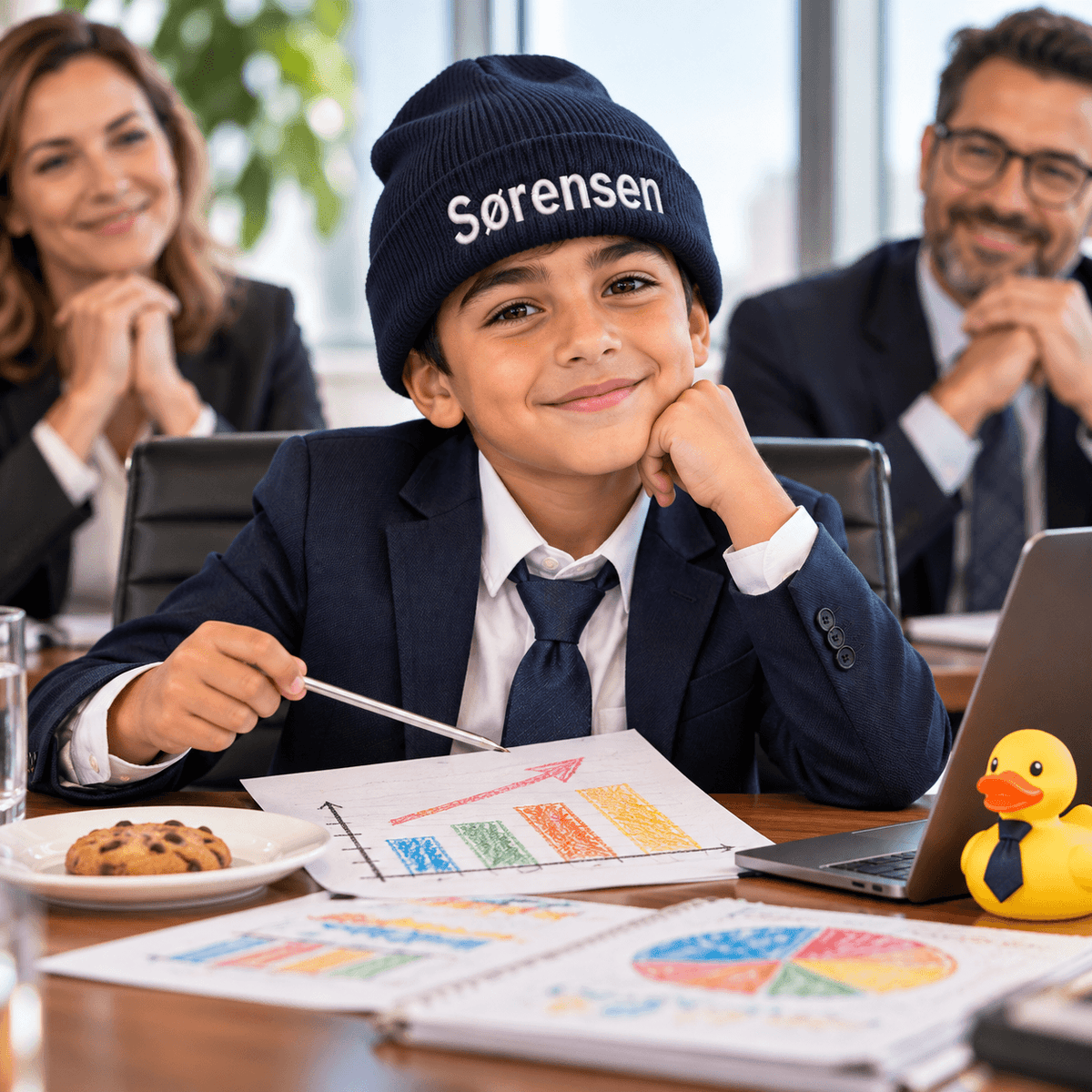 Teen Beanie Hue med personlig Broderi - Valgfri Tekst og Farve, dreng i brygerrætsmøde i smart outfit.