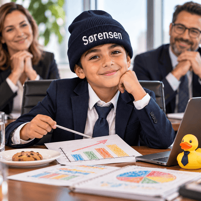 Teen Beanie Hue med personlig Broderi - Valgfri Tekst og Farve, dreng i brygerrætsmøde i smart outfit.