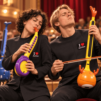 To personer, der spiller farverige instrumentspil, iført 'I love Aarhus'-trøjer, nyder musikken.