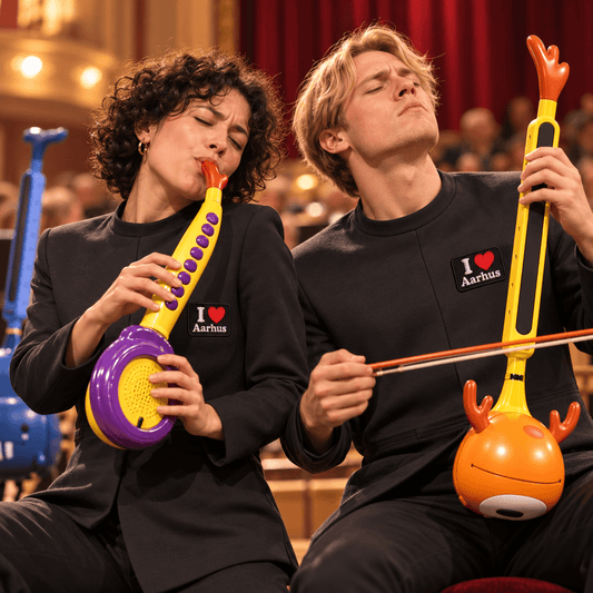 To personer, der spiller farverige instrumentspil, iført 'I love Aarhus'-trøjer, nyder musikken.
