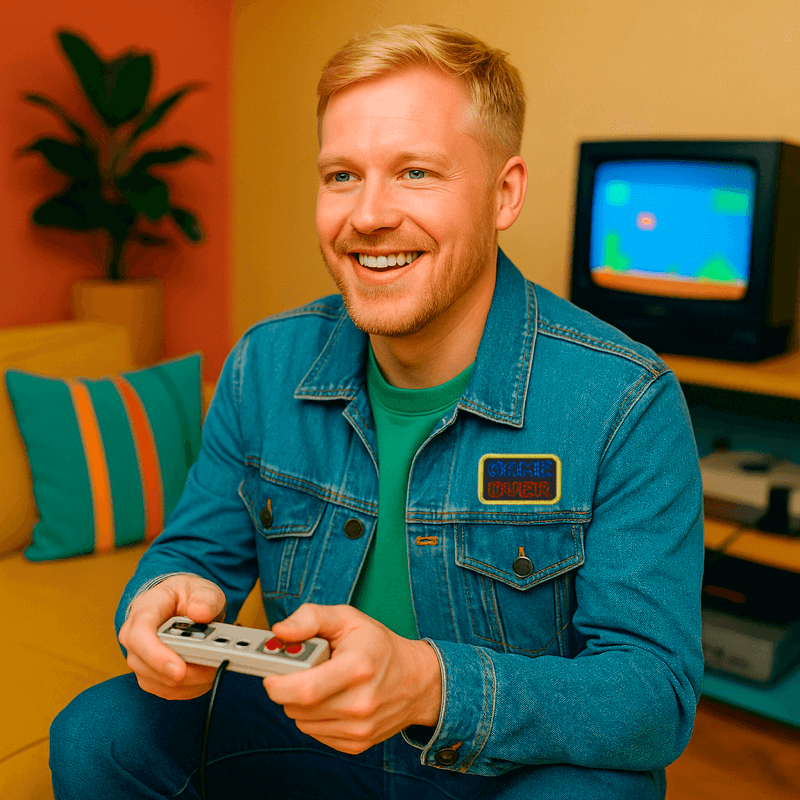 mand spiller Game Over strygemærke 