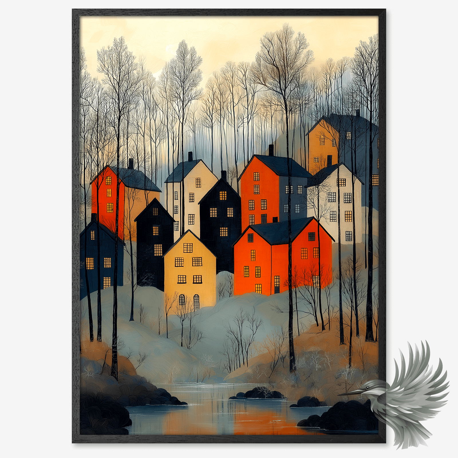 Små huse i orange, gul, grå og sort i et efterårslandskab med en sø og nøgne træer. Landskabet udstråler nordisk idyl og ro.