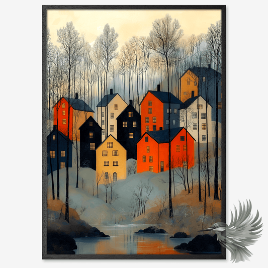 Små huse i orange, gul, grå og sort i et efterårslandskab med en sø og nøgne træer. Landskabet udstråler nordisk idyl og ro.