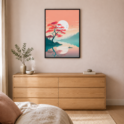 Japansk naturplakat i sort ramme over en kommode i et lyst soveværelse