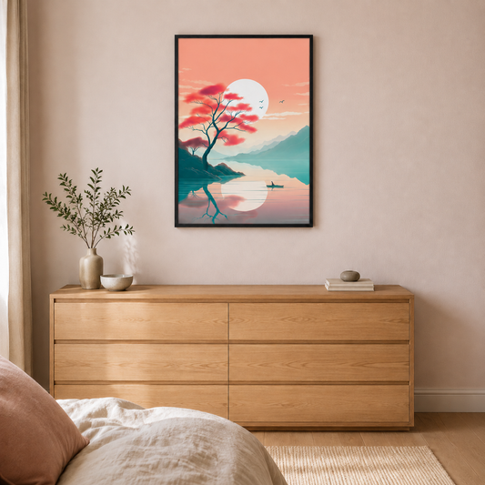 Japansk naturplakat i sort ramme over en kommode i et lyst soveværelse