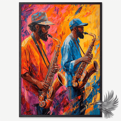 Farverig jazzplakat med to musikere, der spiller saxofon