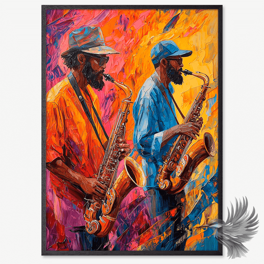 To personer spiller saxofon omgivet af stærke farver; den ene bærer en cap, den anden en fedora, i en jazzinspireret stemning.