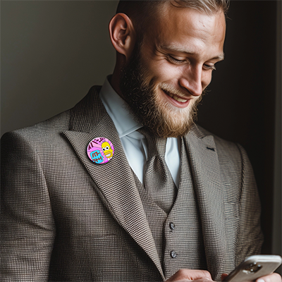 Mand i jakkesæt med Homer Simpson badge japansk popkultur på lommen, mens han ser på sin telefon.