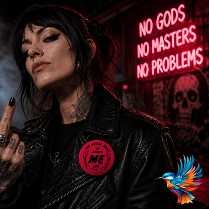 Moral Panic Badge worn by a confident person with a rebellious attitude against a neon sign background.