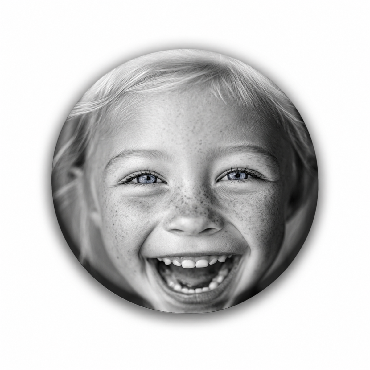 Personligt badge med sort-hvidt foto af et smilende barn