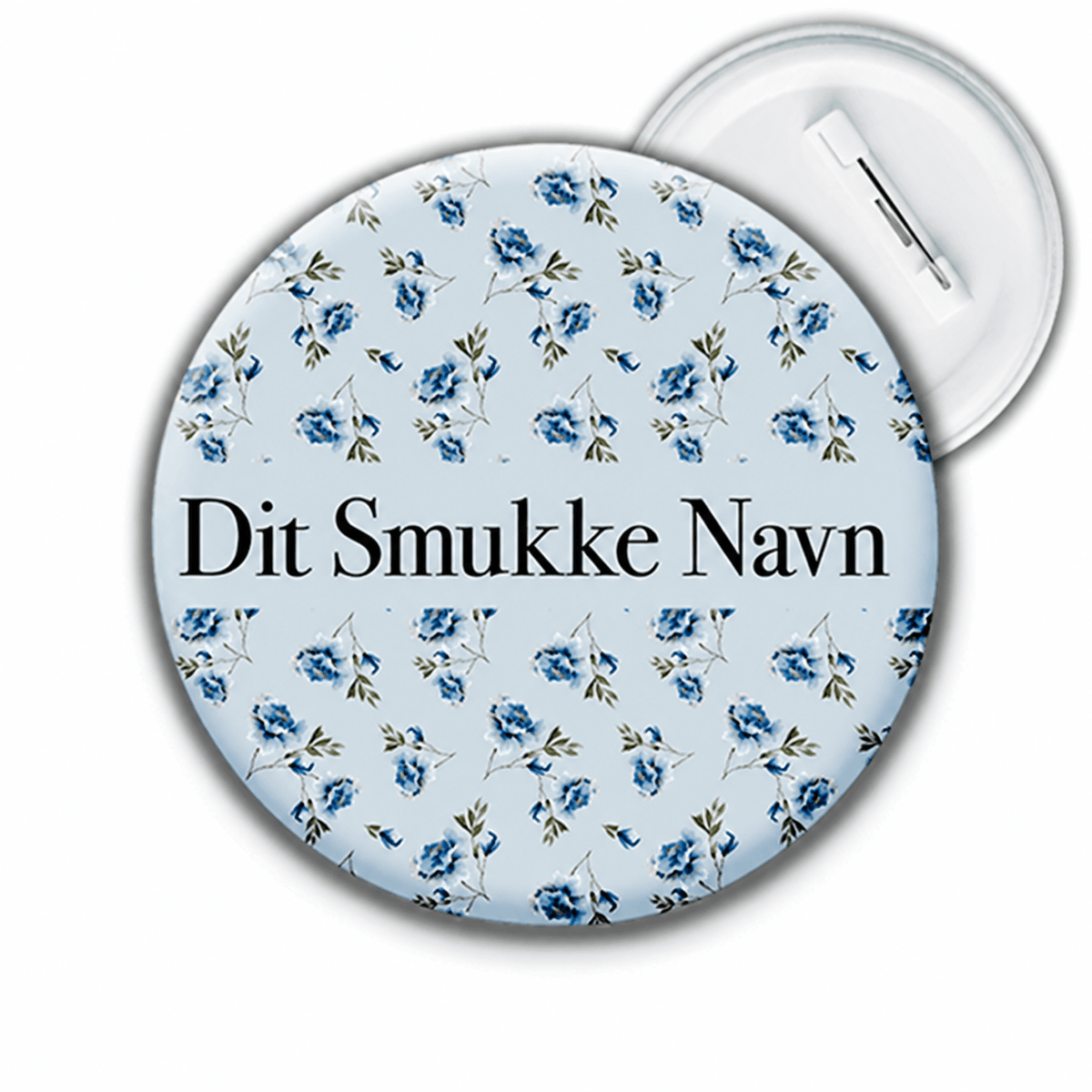 Personligt navnebadge med blå blomster og teksten Dit Smukke Navn