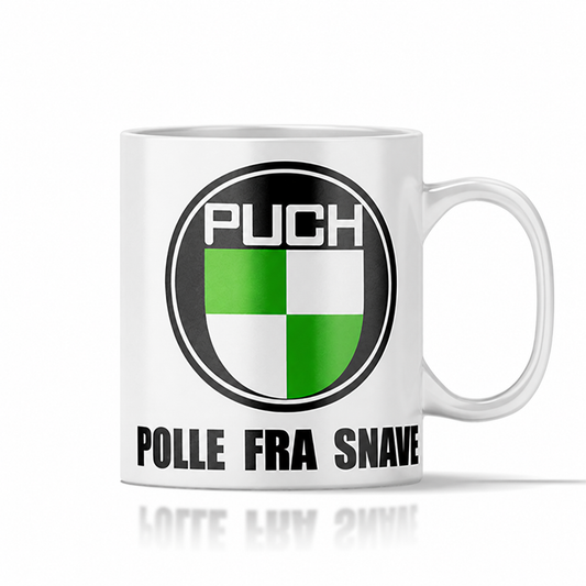 Puch krus med personlig tekst og grønt logo
