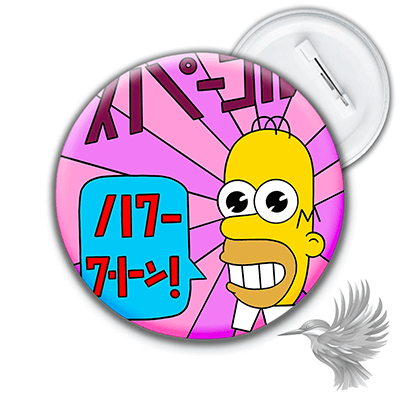 Homer Simpson badge japansk popkultur med japanske tegn og farverig pop-art baggrund.