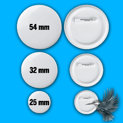 Personlige badges med foto i forskellige størrelser: 54 mm, 32 mm og 25 mm for kreative indbydelser og events.