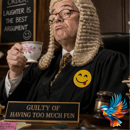 Smiley Badge på en dommer, der drikker te og smiler, med teksten "GUILTY OF HAVING TOO MUCH FUN".