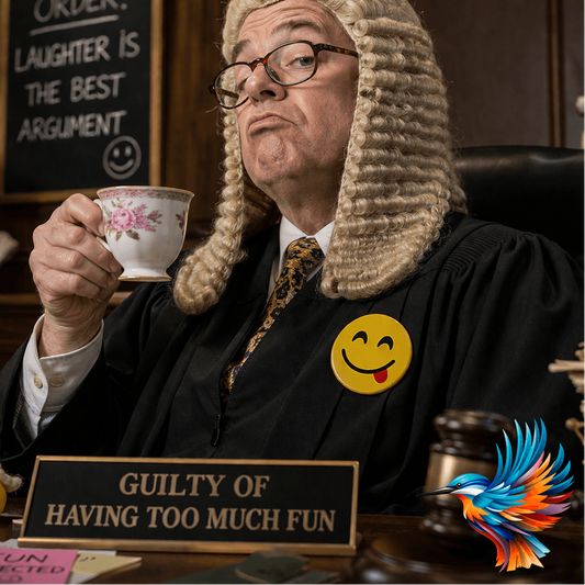 Smiley Badge på en dommer, der drikker te og smiler, med teksten "GUILTY OF HAVING TOO MUCH FUN".