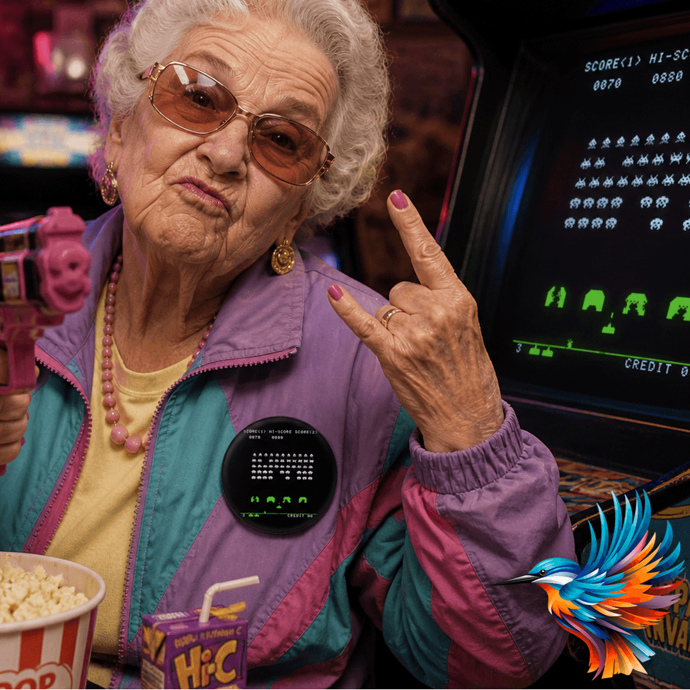 Space Invaders Badge worn by an elderly woman holding a toy gun, celebrating retro gaming with popcorn.