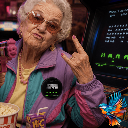 Space Invaders Badge worn by an elderly woman holding a toy gun, celebrating retro gaming with popcorn.