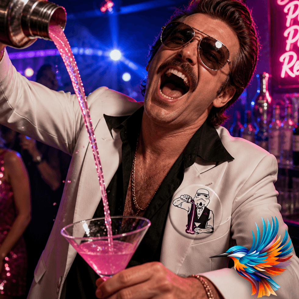 Stormtrooper Bartender Badge med en mand, der hælder pink drink i bar en feststemning.