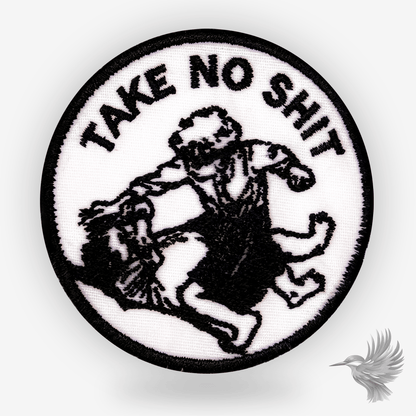 Take No Shit patch strygemærke skeletcowboy på hest med motiv af en cowboy.