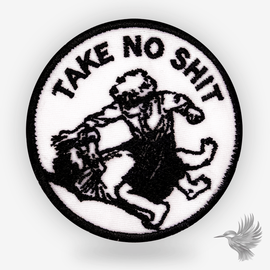 Take No Shit patch strygemærke skeletcowboy på hest med motiv af en cowboy.